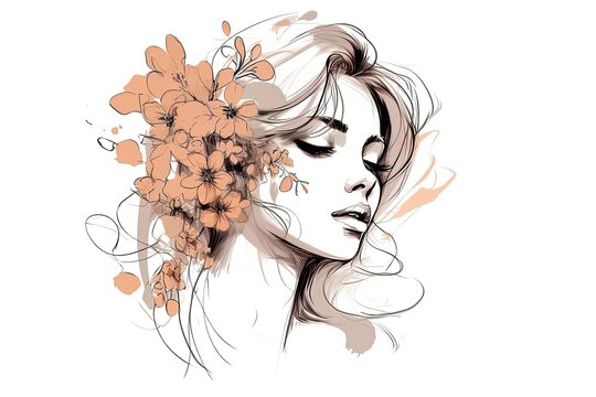 Beautiful woman portrait with flowers drawn with lines in a minimalist design