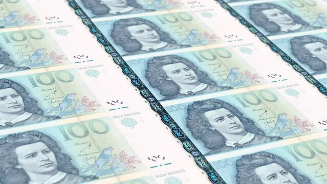Estonia Estonian Kroon 100 Banknotes Money Printing House, Printing One Hundred Estonian Kroon, Printing Press Machine Print out Estonian Kroon, Being printed by currency press machine 100 Estonian