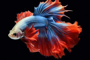 Fototapeta premium Amazing siamese fish with flower tail and fins. Colorful floral fighting betta fish isolated on black.