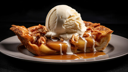 Apple pie with caramel topped with a scoop of vanilla ice cream.