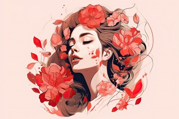 Sketch of a female art portrait with red flowers