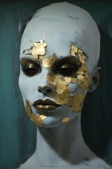Portrait artwork of woman because of rotten and rust peeling paint with gold green white colors