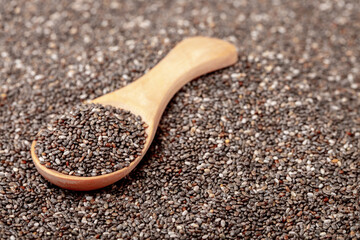 Chia seeds close-up with a wooden spoon. Chia seeds macro. Dry healthy supplement for proper nutrition.