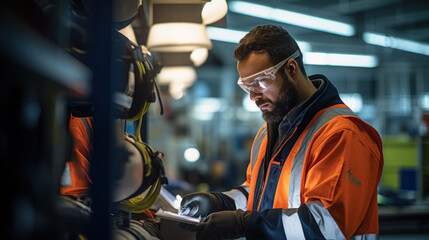 worker in uniform and safety glasses at a machine in a production workshop