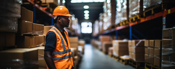A worker in a hard hat in a large warehouse among shelves with boxes - obrazy, fototapety, plakaty
