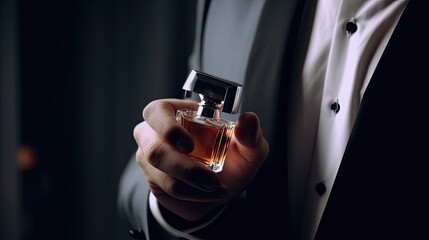 Fragrance smell. Men perfumes. Fashion cologne bottle. Man holding up bottle of perfume. Men perfume in the hand on suit background. Man in formal suit, bottle of perfume, closeup. - obrazy, fototapety, plakaty