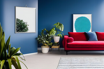 A Crimson Couch and Coffee Table, Potted Plants, Nile Blue Theme Wall with Vertical Blank Poster in a Minimalist Room