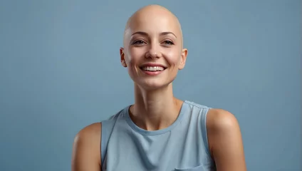 Foto op Canvas portrait of smiling bald woman suffering from cancer isolated on background © Amir Bajric