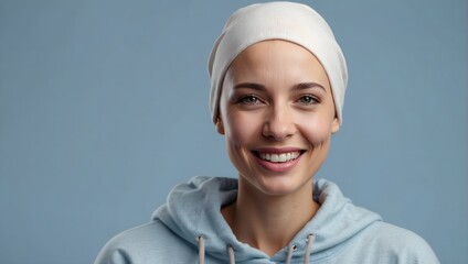 portrait of smiling bald woman suffering from cancer isolated on background
