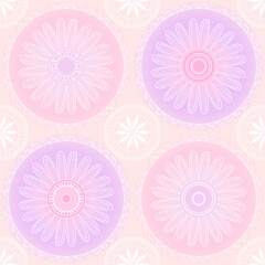 Seamless pattern with pink and purple flowers and hand-drawn mandalas. Vector illustration