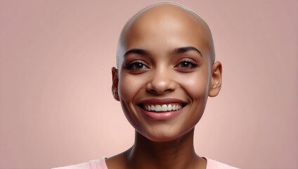 portrait of smiling bald woman suffering from cancer isolated on background - obrazy, fototapety, plakaty