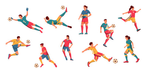 Fototapeta na wymiar Men and women football players. Cartoon male and female characters playing soccer, male and female athletes in uniform dribbling and kicking ball. Vector set