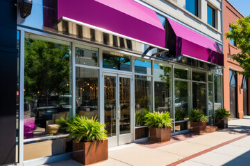 Bright beauty salon facade with large windows, flowers and blank purple awnings