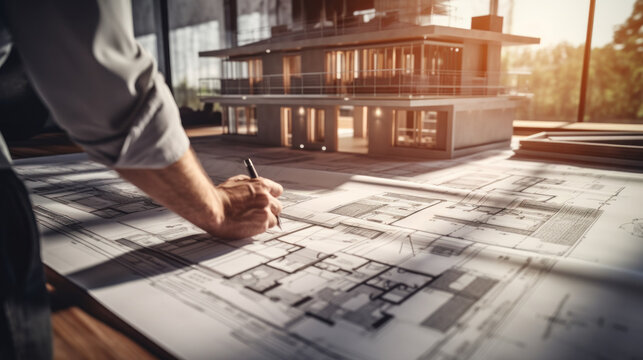 architect reviews blueprints in a renovation, plans, builds. Construction projects concept.
