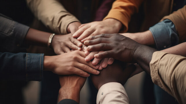 Close-up many hands of different races and ethnicities, United for equality.