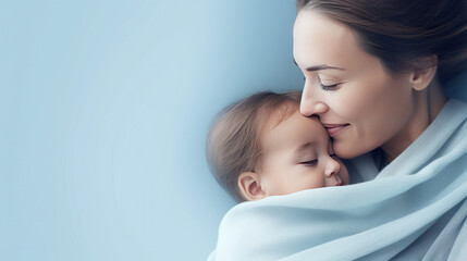 Mother and child on a light blue background embracing, Mothers day concept.