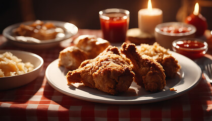 pieces of fried chicken on plates with bread and ketchup presented as a meal on a tablecloth