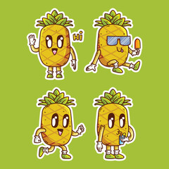 Set of Cute happy Pineapple fruit mascot character vector cartoon illustration. Pineapple Vector cartoon illustration