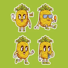 Fotobehang Set of Cute happy Pineapple fruit mascot character vector cartoon illustration. Pineapple Vector cartoon illustration © AdiwangsaDSGN