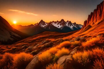 Nature's grandeur is on full display as the sun sets over the mountains, the summer landscape in a warm, golden glow.
