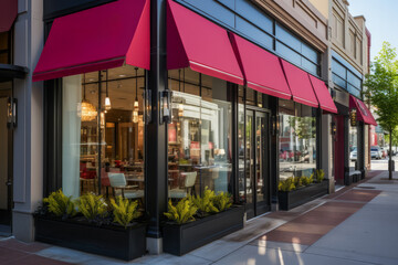 Cafe building exterior with blank red awnings and big windows - obrazy, fototapety, plakaty