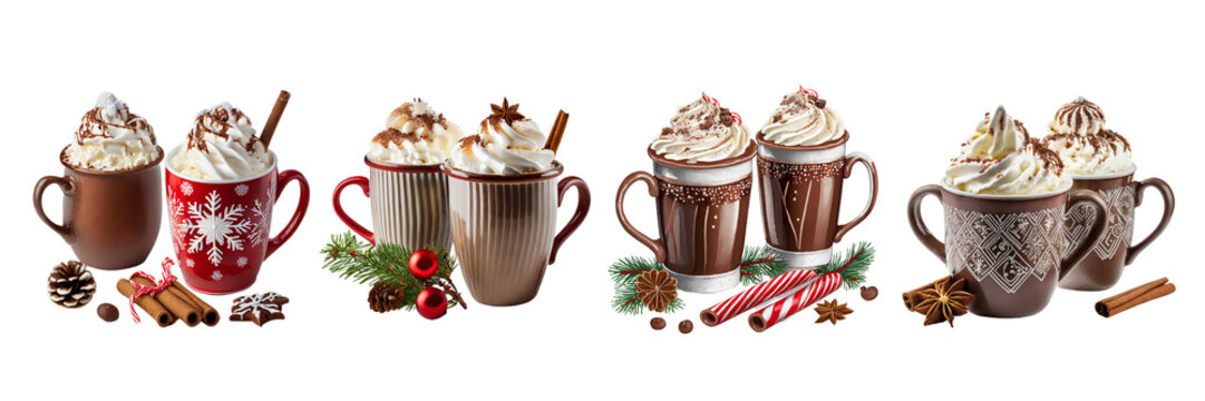 Set of mugs with hot chocolate and whipped cream, Christmas design, isolated on transparent white background.