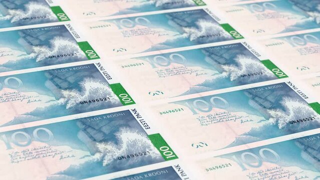 Estonia Estonian Kroon 100 Banknotes Money Printing House, Printing One Hundred Estonian Kroon, Printing Press Machine Print out Estonian Kroon, Being printed by currency press machine 100 Estonian