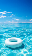 Fototapeta na wymiar Inflatable ring in the sea on a background of blue sky. Copy space. Summer concept.