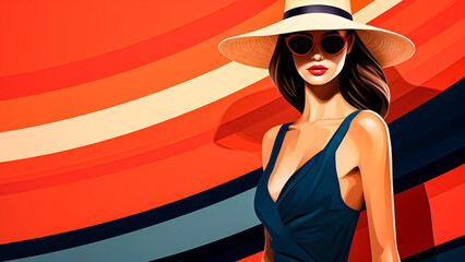 Beautiful woman in hat and sunglasses on colorful background. Summer fashion illustration.