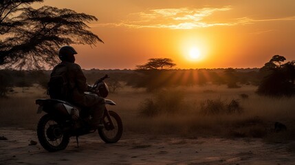Obraz na płótnie Canvas Motorcyclist Watching Sunset in Zimbabwe.