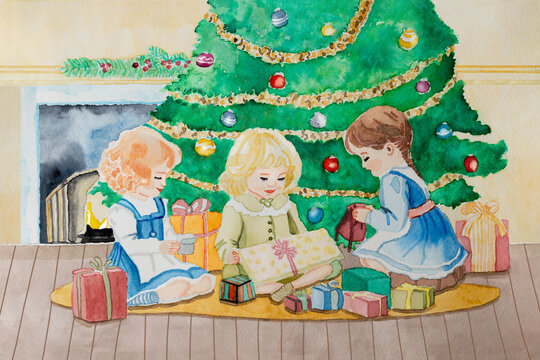 Hand painted beautiful watercolor painting in vintage style shows 3 children in front of a Christmas tree in the living room. The children are wearing clothes and hairstyles from the 1930s.
