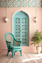 Arabic, Islamic style interior. Rattan chair, table and arabic pattern in window with shadow. pastel color wall