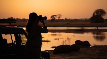 On safari in Zambia: Silhouette of a Fit Woman standing next to white safari car, observing Zambezi River Nature through binoculars. Lower Zambezi National Park, Zambia, Africa.