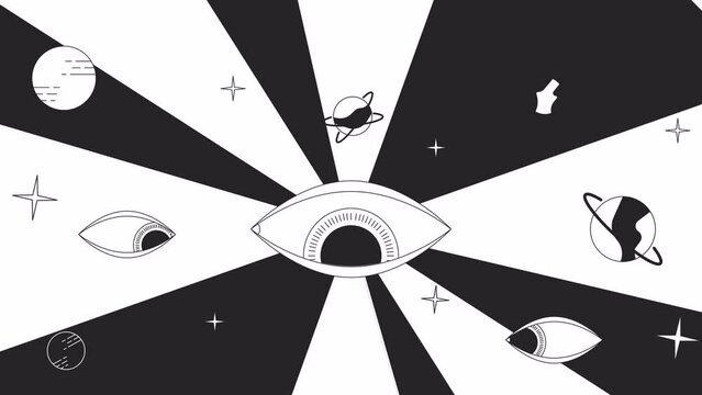 Retro groovy seeing eyes blinking bw outline 2D animation. Psychedelic surreal cosmic planets stars 4K video motion graphic. Eyes watching. Trippy rave monochrome linear animated cartoon flat concept