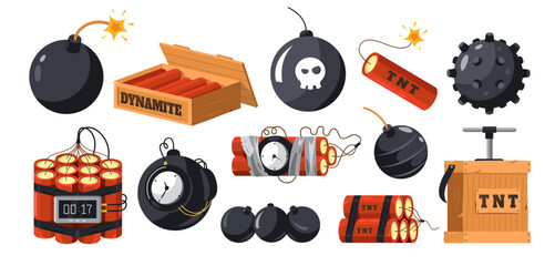 Dynamite and bombs. Cartoon military explosive devices, military grenade and tnt bomb with timer fuse, danger bang firecracker. Vector isolated set