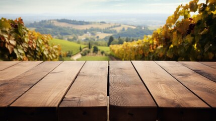 Wooden table with a background of a vineyard during harvest season  - obrazy, fototapety, plakaty