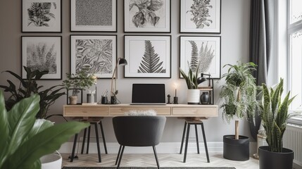 Patterned posters above desk with computer monitor in grey home office interior with plants.