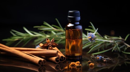 A bottle of essential oil with fresh sprigs of rosemary, cinnamon sticks and spices on a dark background.