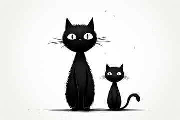 An adult black cat and a black kitten are sitting next to each other. Drawing on a white background. Generative AI