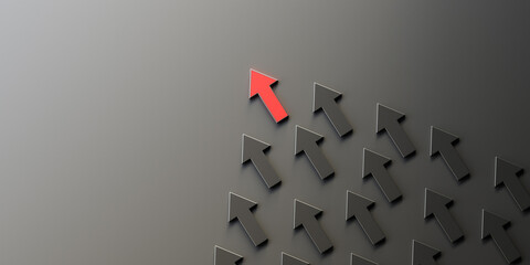 Leadership and growth concept, red leader arrow leading black arrows, on black background with empty copy space on left side. 3D Rendering