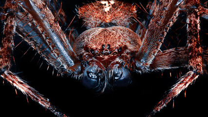 Front view of huge spider. Red spider with large jaws and menacing look. Macro photography,...