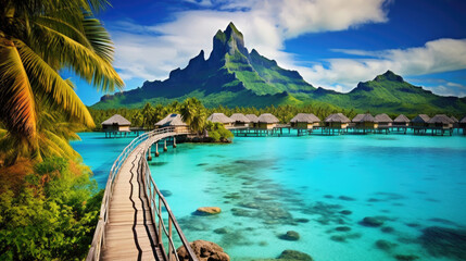 beautiful landscape view of Bora Bora Tropical island French Polynesia with clear blue water and mountain - obrazy, fototapety, plakaty