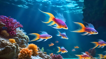 A school of vibrant pink fish swim the crystal clear waters and colorful coral reef. Beauty and tranquility of the underwater ecosystem concept. Illustration for background, backdrop or template