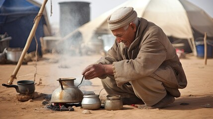 Senior man in Smara refugee camp preparing tea, Tindouf, Algeria. - obrazy, fototapety, plakaty