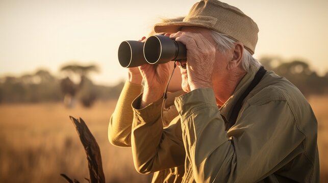 Senior man and daughter looking out through binoculars on safari, Kafue National Park, Zambia