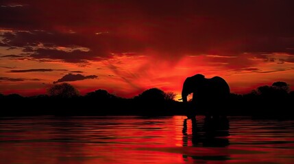 Silhouette of an elephant standing in the Zambezi river against red lit sky and clouds mirroring in the river. African landscape concept with elephant. ManaPools, Zimbabwe.