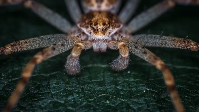 Front view of huge spider. Red spider with large jaws and menacing look. Macro photography, close-up portrait of predatory arachnid. Florentine Segestria. Fear and arachnophobia.