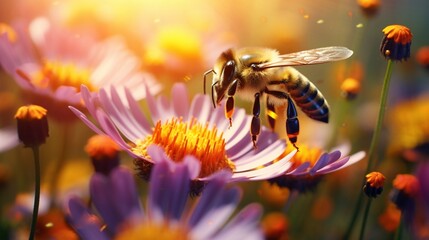 A bee collecting nectar from a cluster of brightly colored wildflowers, highlighting the essential role of pollinators in the natural world.