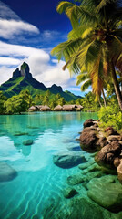 Obraz premium beautiful landscape view of Bora Bora Tropical island French Polynesia with clear blue water and mountain