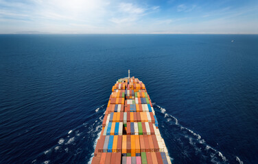 Aerial top view of a large, industrial container cargo ship sailing over the ocean with copy space